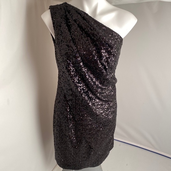 Pamella Roland black asymmetrical sequin formal dress